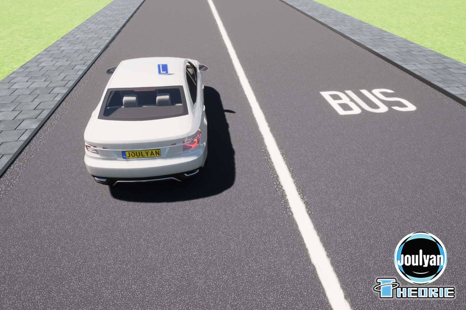 Lesauto op de rijbaan, met rechts ervan een busbaan met het woord BUS op het wegdek.
