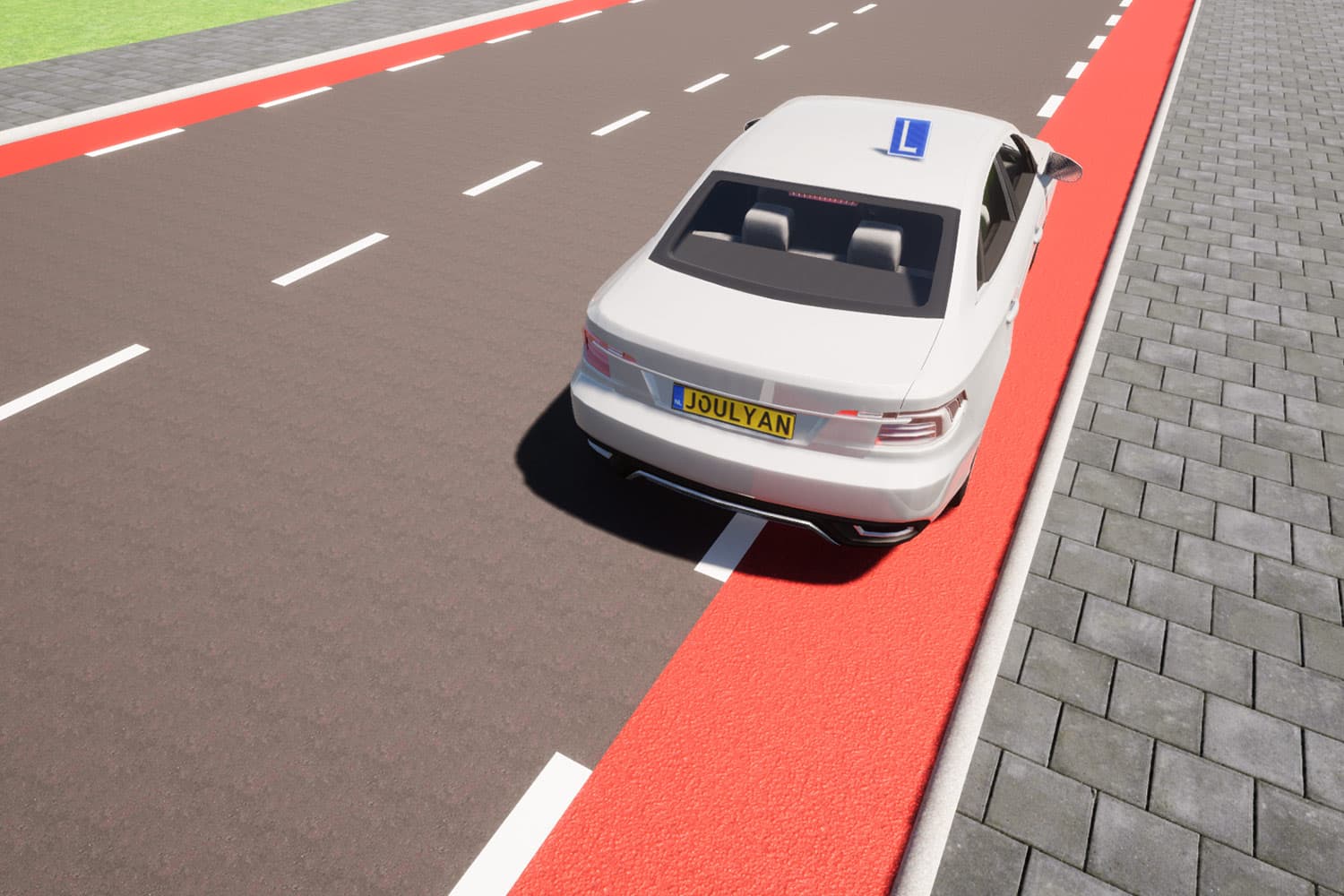 Lesauto van boven gezien. De rechterwielen staan op een rode fietsstrook met een onderbroken witte streep, met klinkers ernaast.