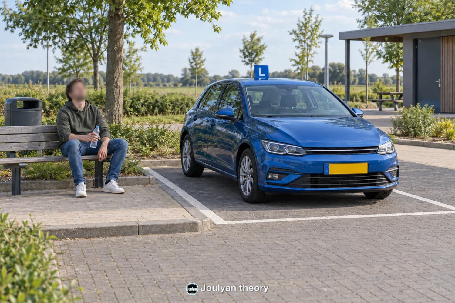 Driver with a blurred face resting on a bench beside a blue learner car with a yellow plate in a parking bay