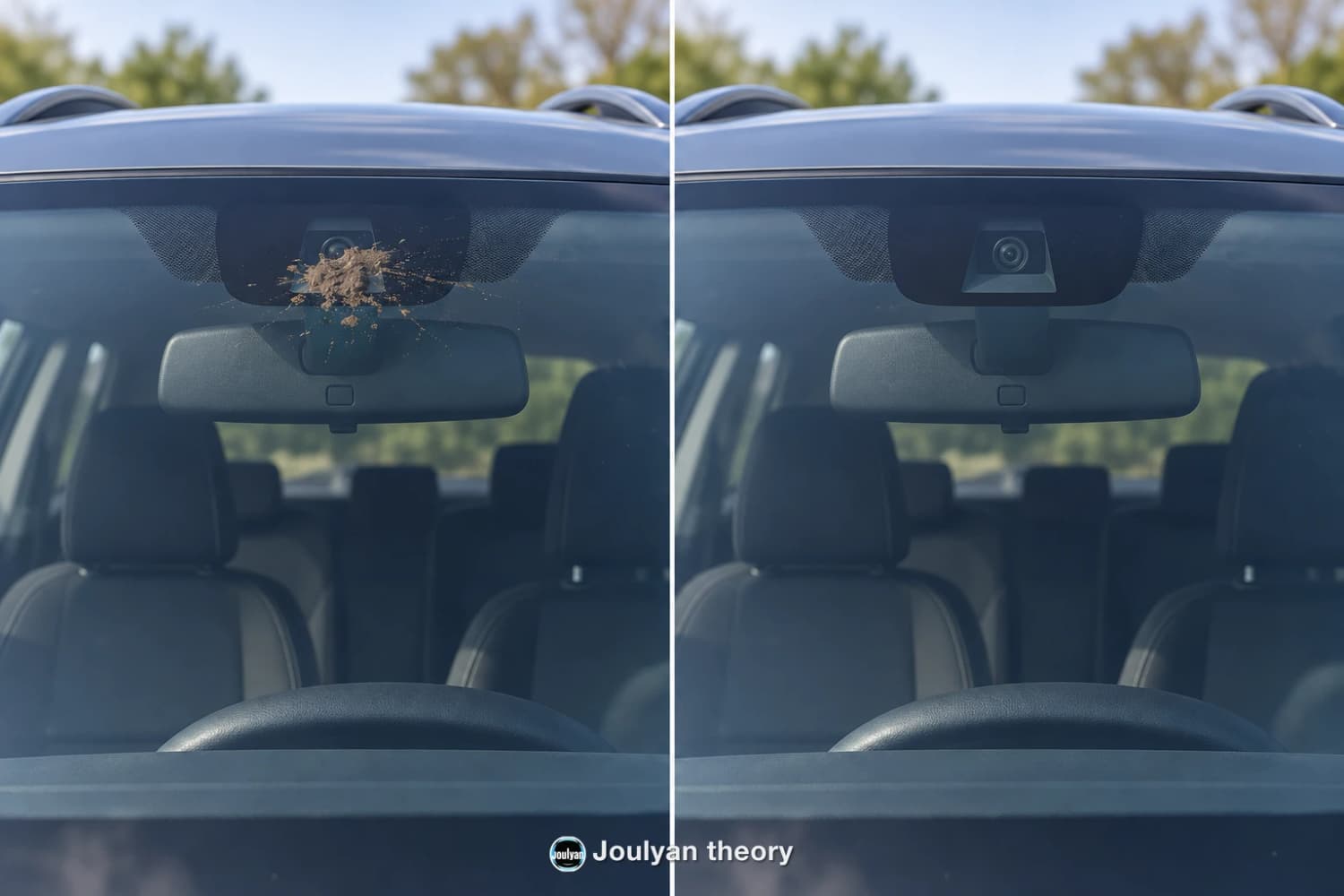 The same windscreen camera shown with mud in front of its lens and with clean glass