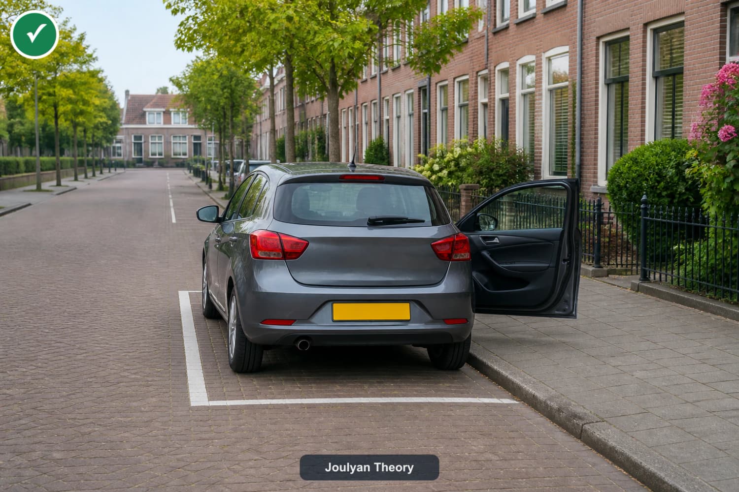 Car fully inside a parking bay with its pavement-side passenger door open