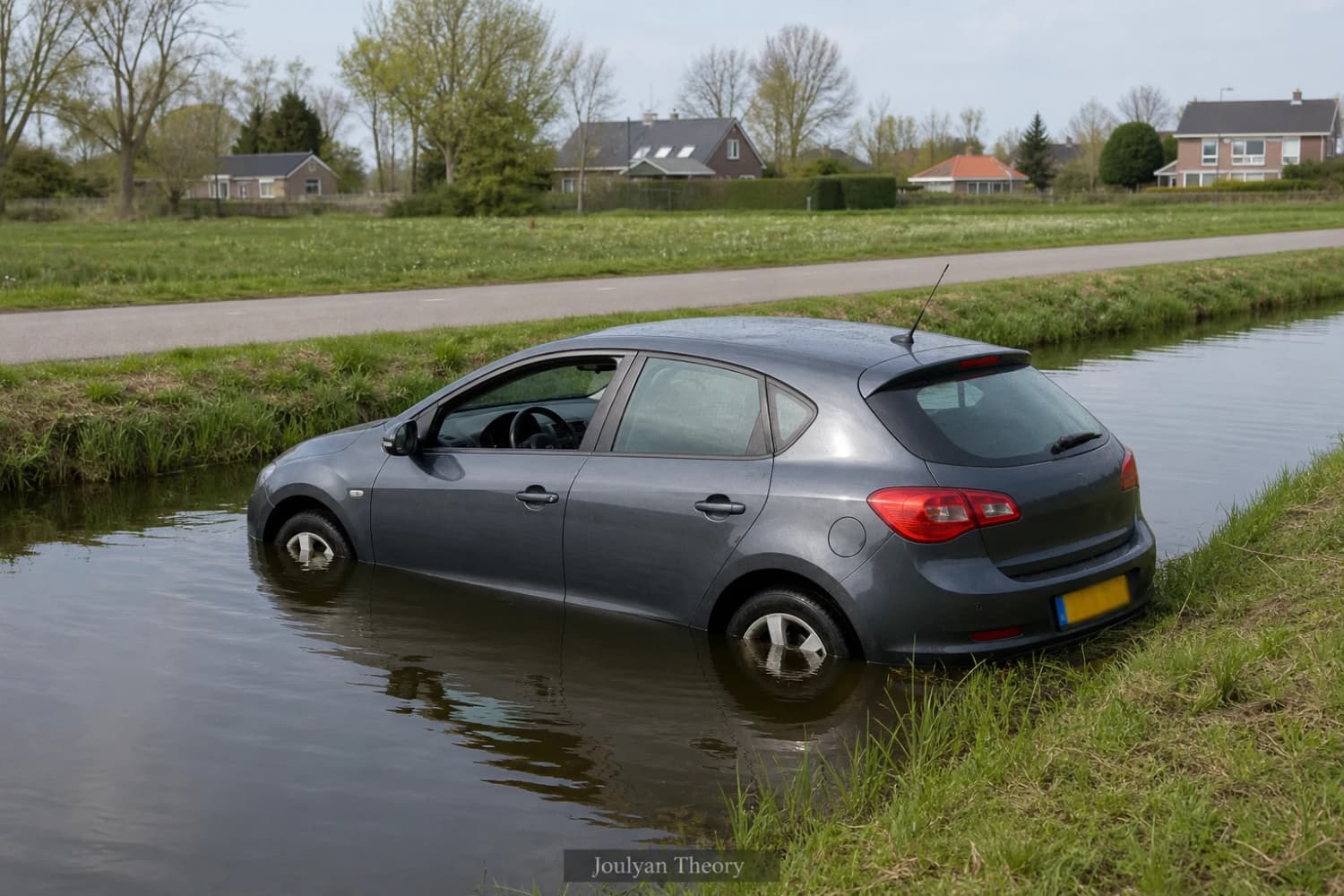 Car sits front-first in a Dutch canal with the driver window open