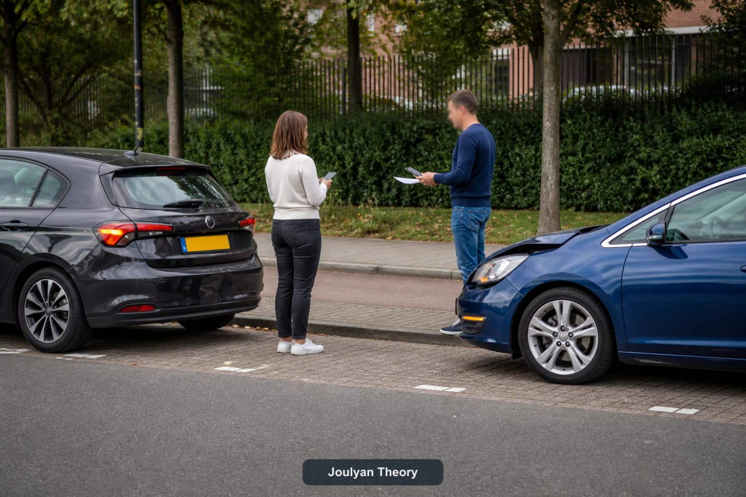 Two drivers exchange information after a minor collision while both cars are safely outside the traffic lane