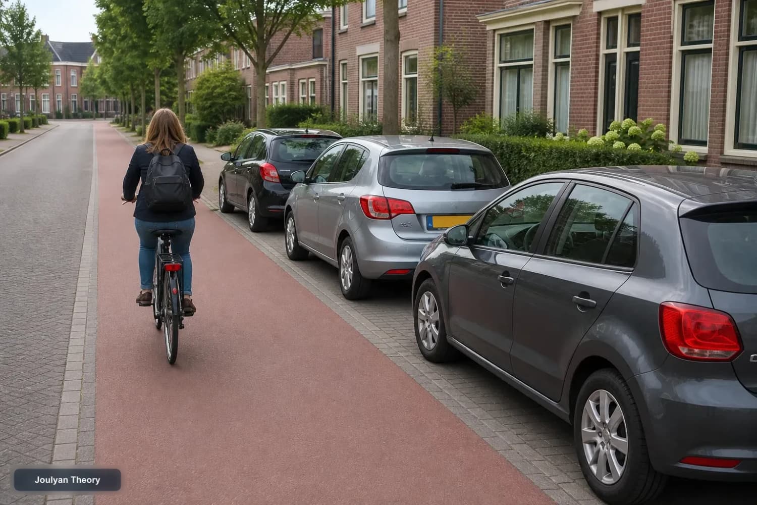 Cyclist leaves space beside parked cars on a Dutch cycle route