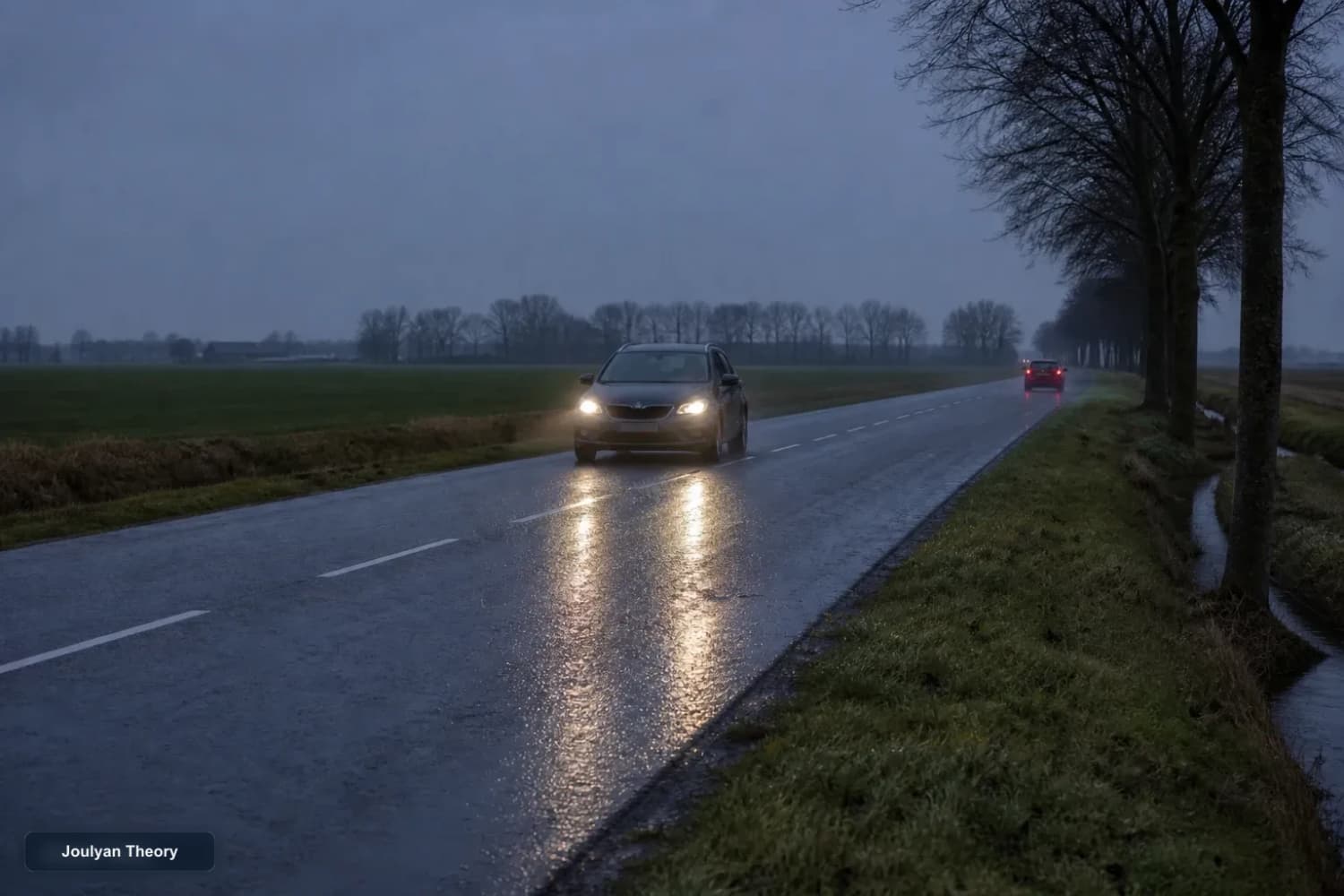 Car using dipped headlights on a wet Dutch road at dusk