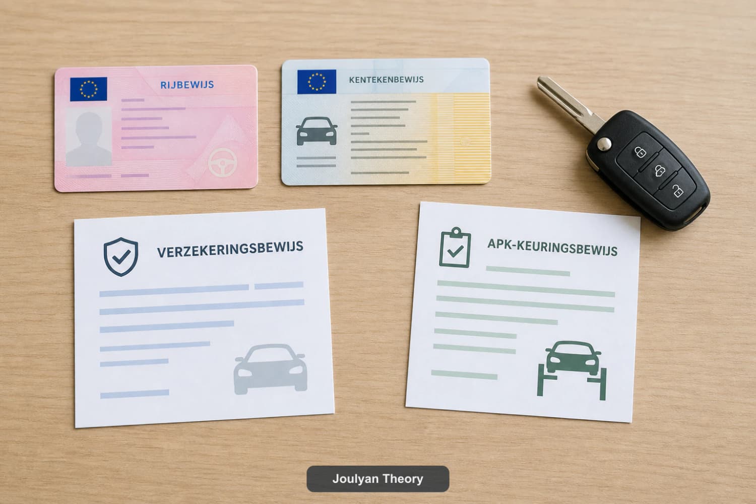 Driving licence, registration card, insurance proof, APK document and car key on a table