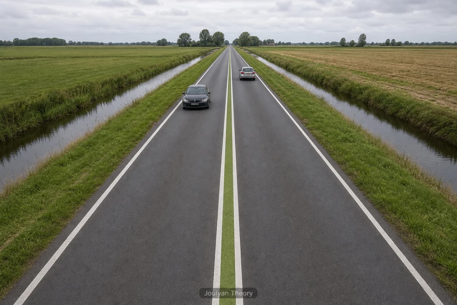 Dutch express road with double white centre lines and a green strip between them