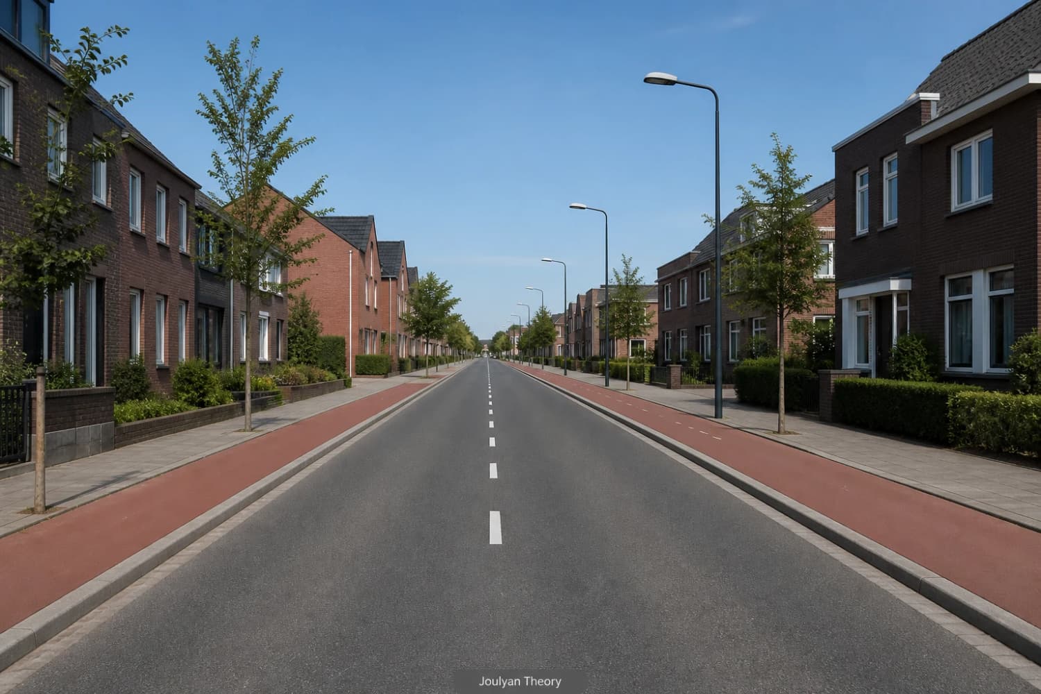 Dutch built-up road with pavements, cycle paths and street lighting