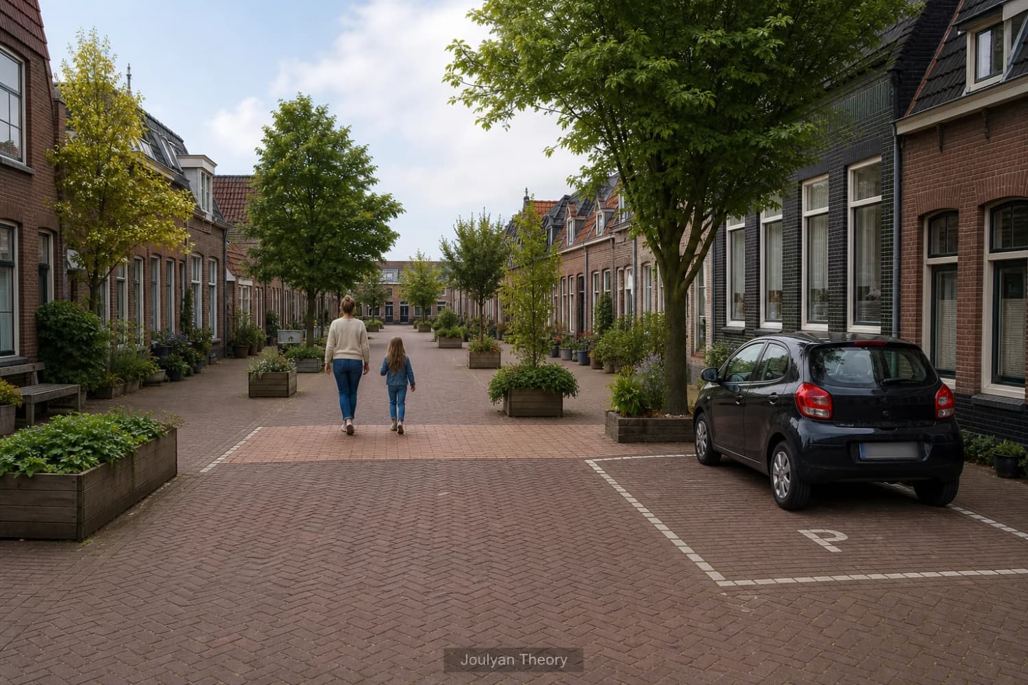 Dutch erf with shared paving, pedestrians and a car in a marked parking bay
