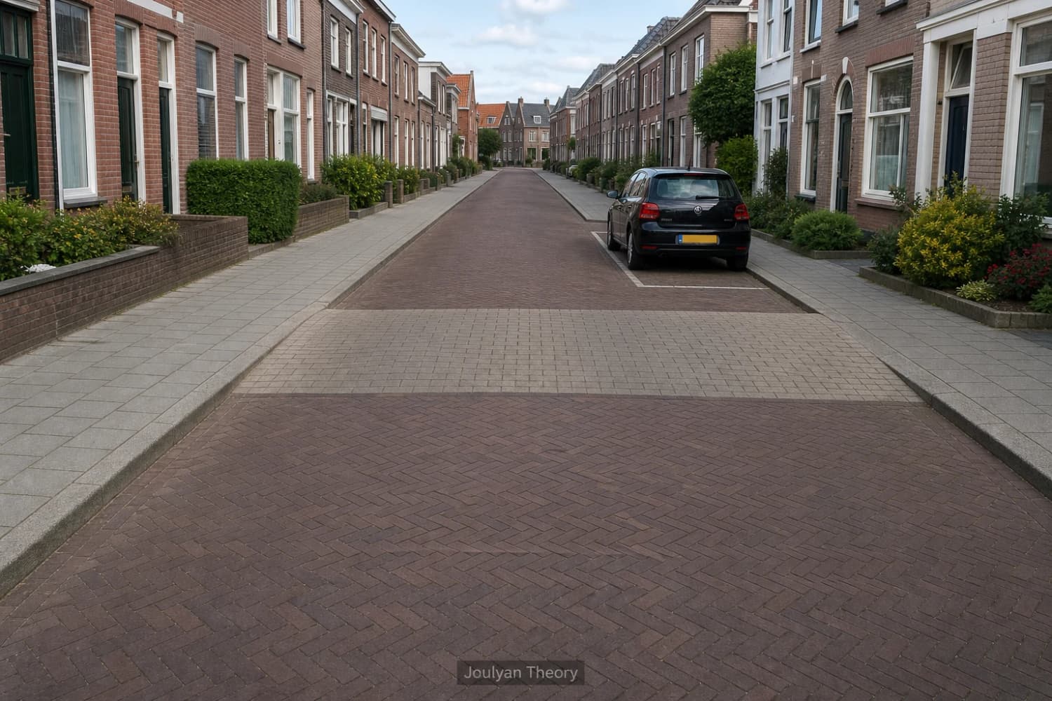 Dutch residential street with separate pavements and a broad speed table