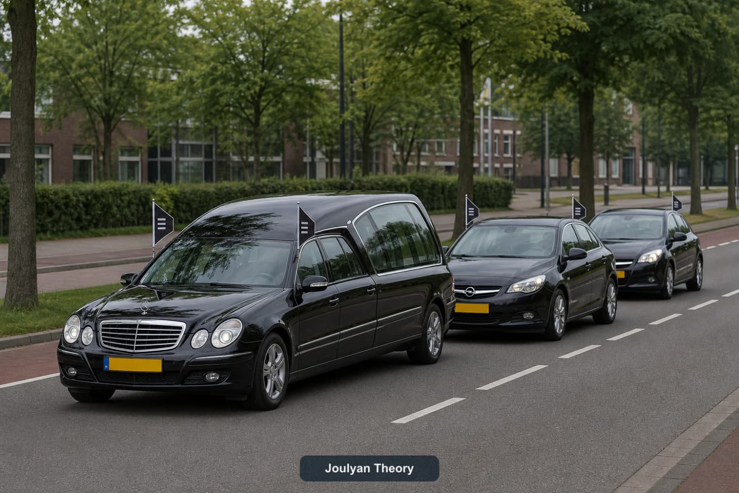 Dutch funeral procession with two black triangular recognition flags on every vehicle