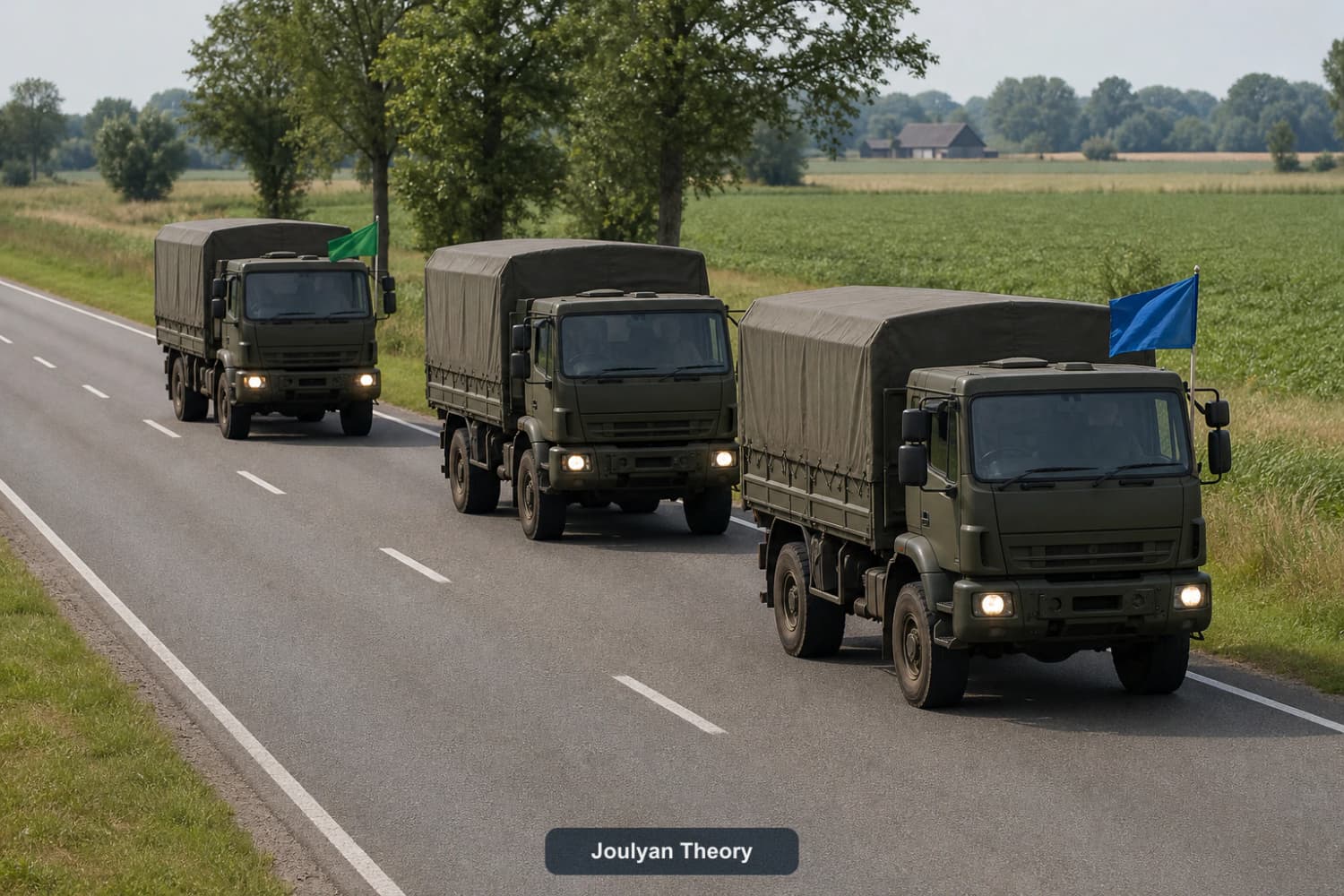 Military convoy with a blue flag at the left front of the first vehicle and a green flag at the left front of the last vehicle