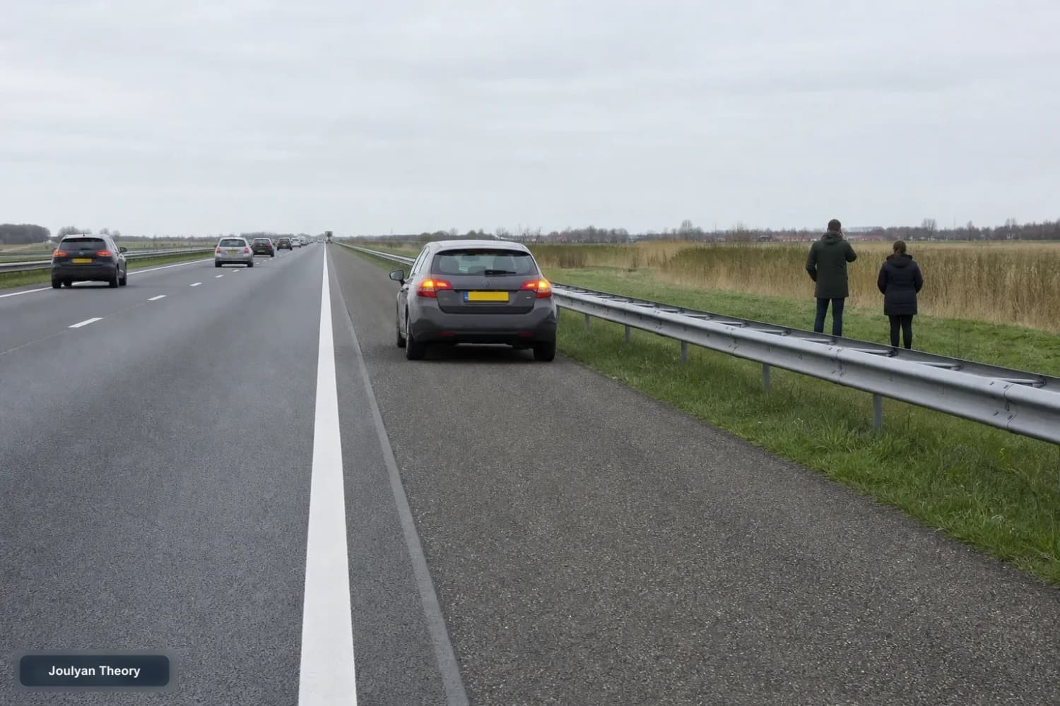 Car with hazard lights on the emergency shoulder and two people safely behind the barrier