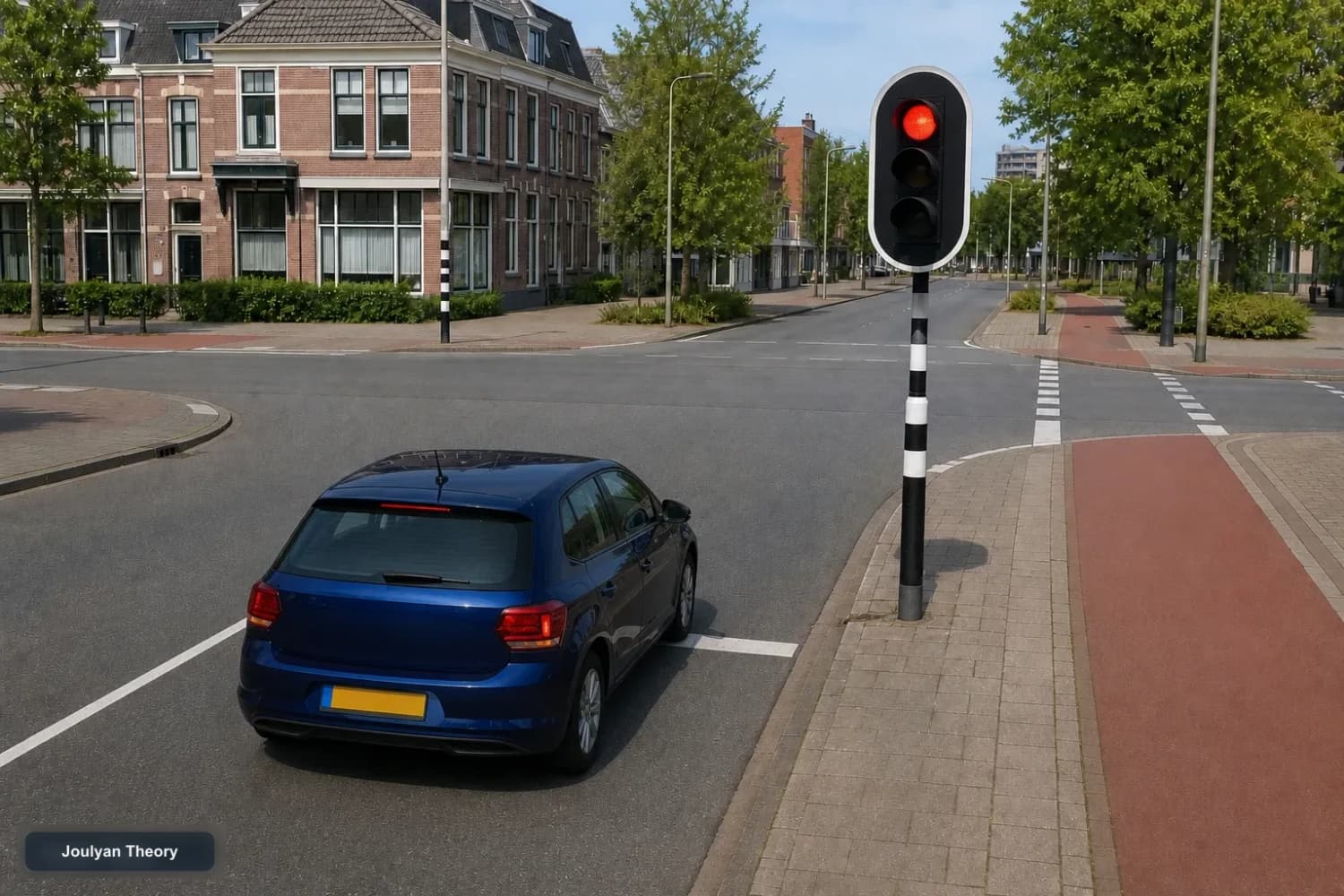 Car waits before the stop line at a red traffic light on a Dutch junction