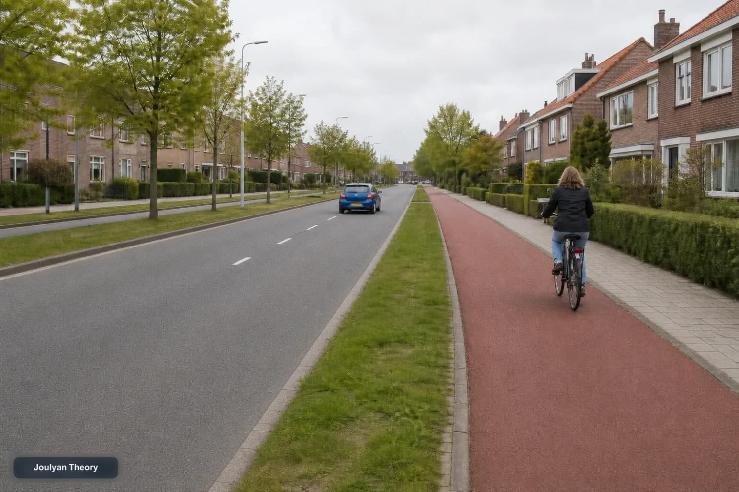 Dutch road with carriageway, green strip, red cycle path, pavement, car and cyclist