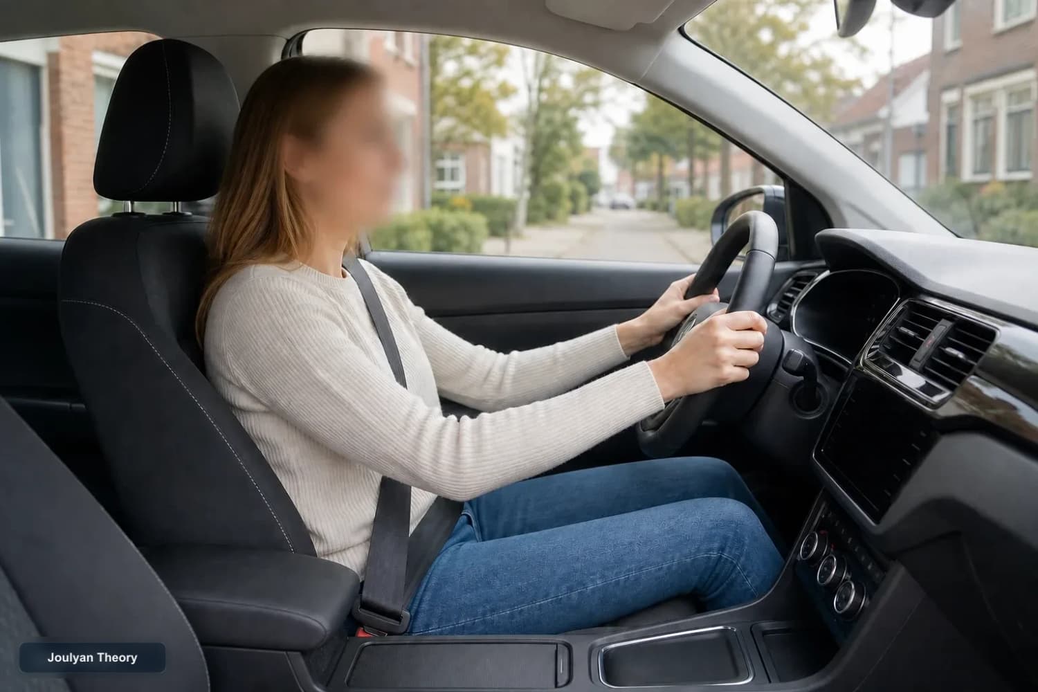 Driver sits upright with a correctly worn seat belt and properly adjusted head restraint