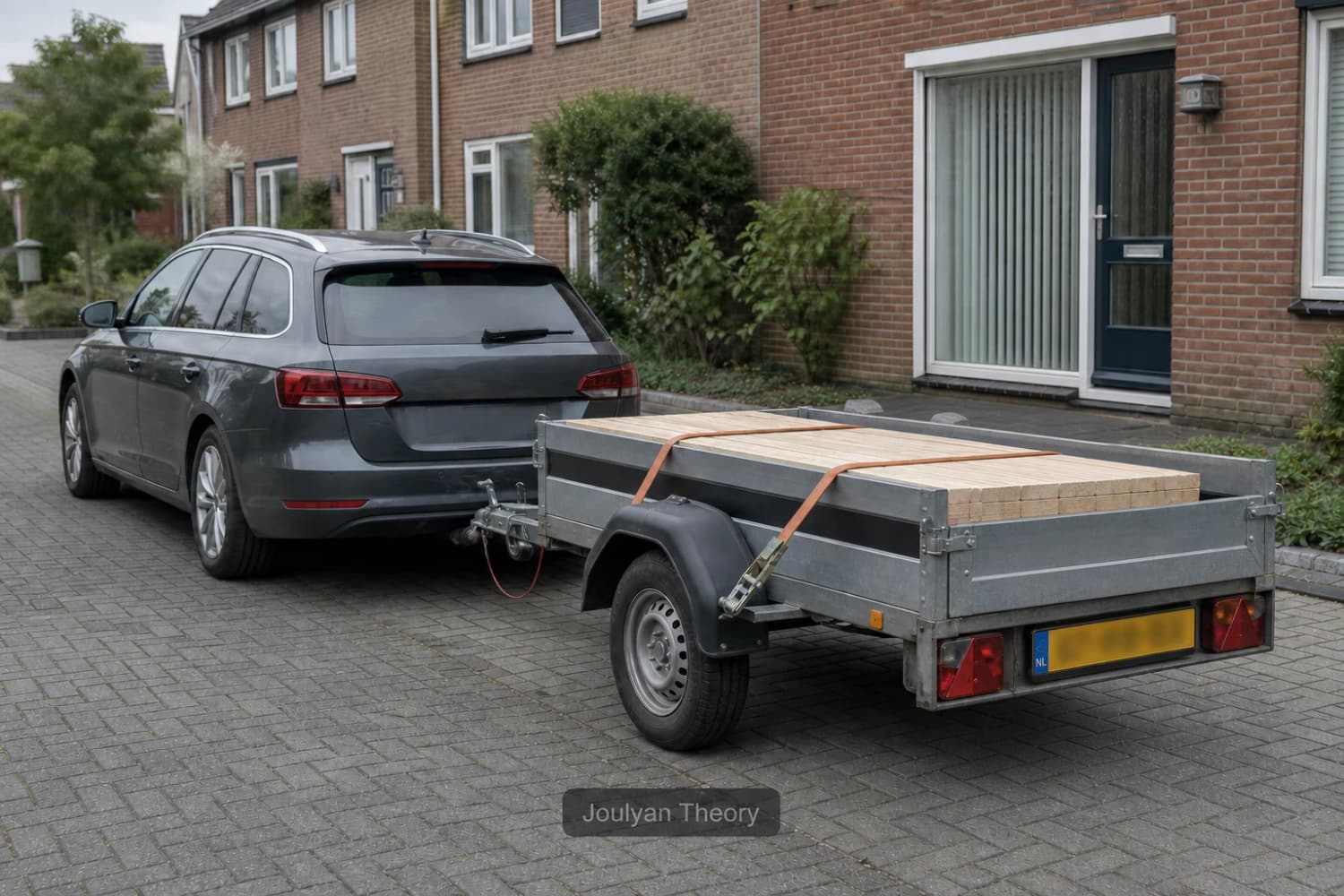 Wooden boards secured with two straps inside a Dutch trailer
