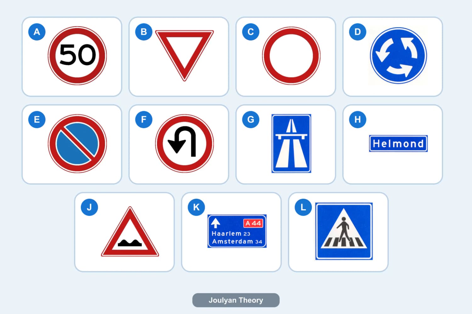 One official example from each Dutch road-sign group A to L, with no group I