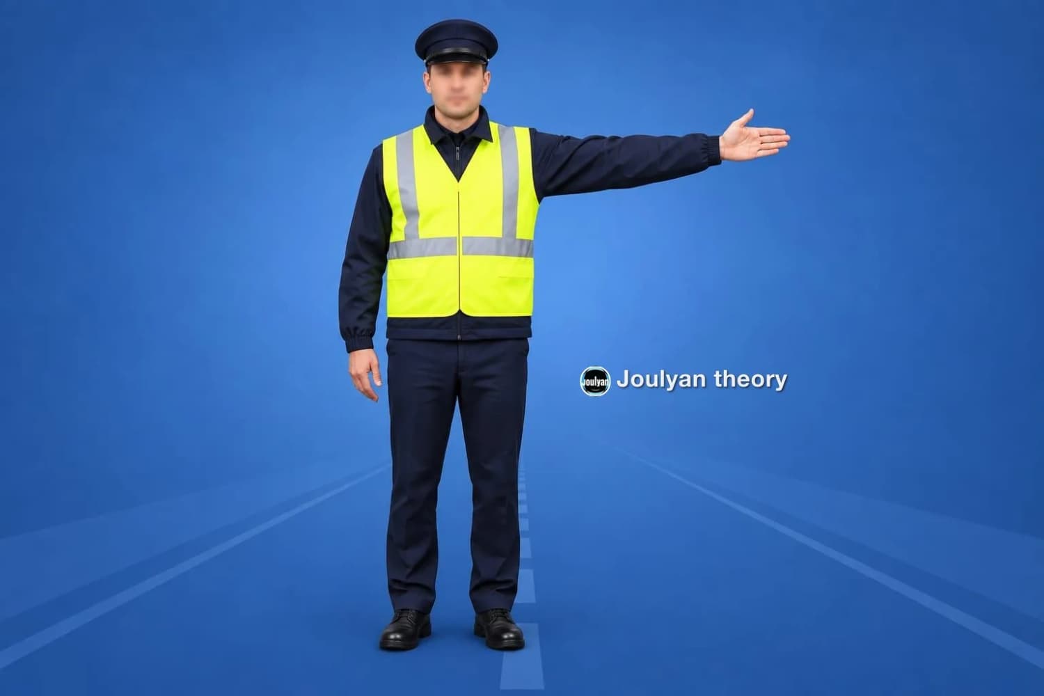 Traffic controller with his left arm sideways