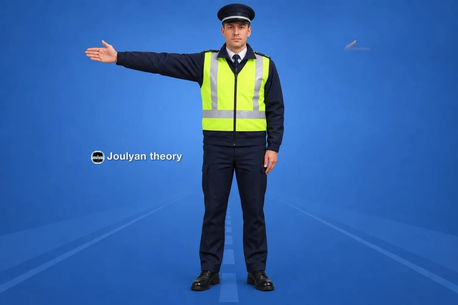 Traffic controller with his right arm sideways