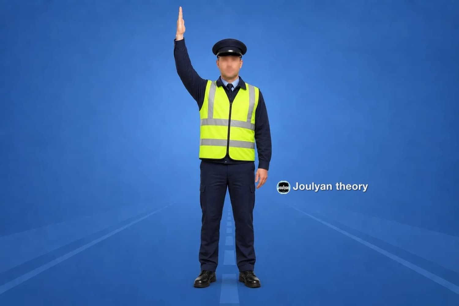 Traffic controller with one arm up, hand turned sideways