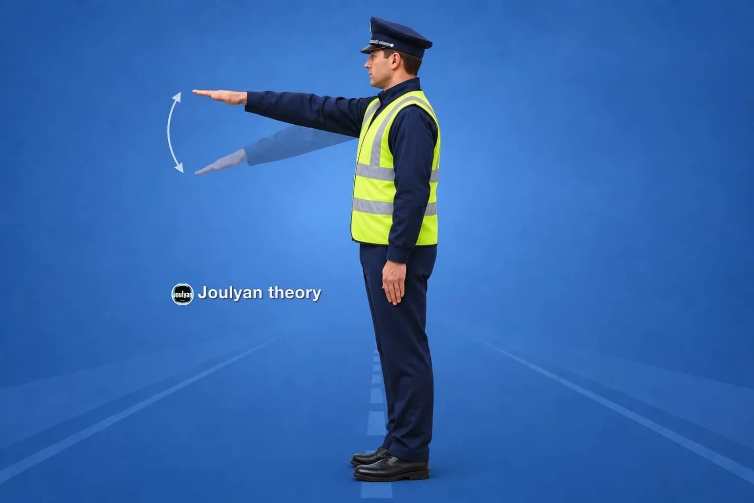 Traffic controller side-on, outstretched arm moving up and down