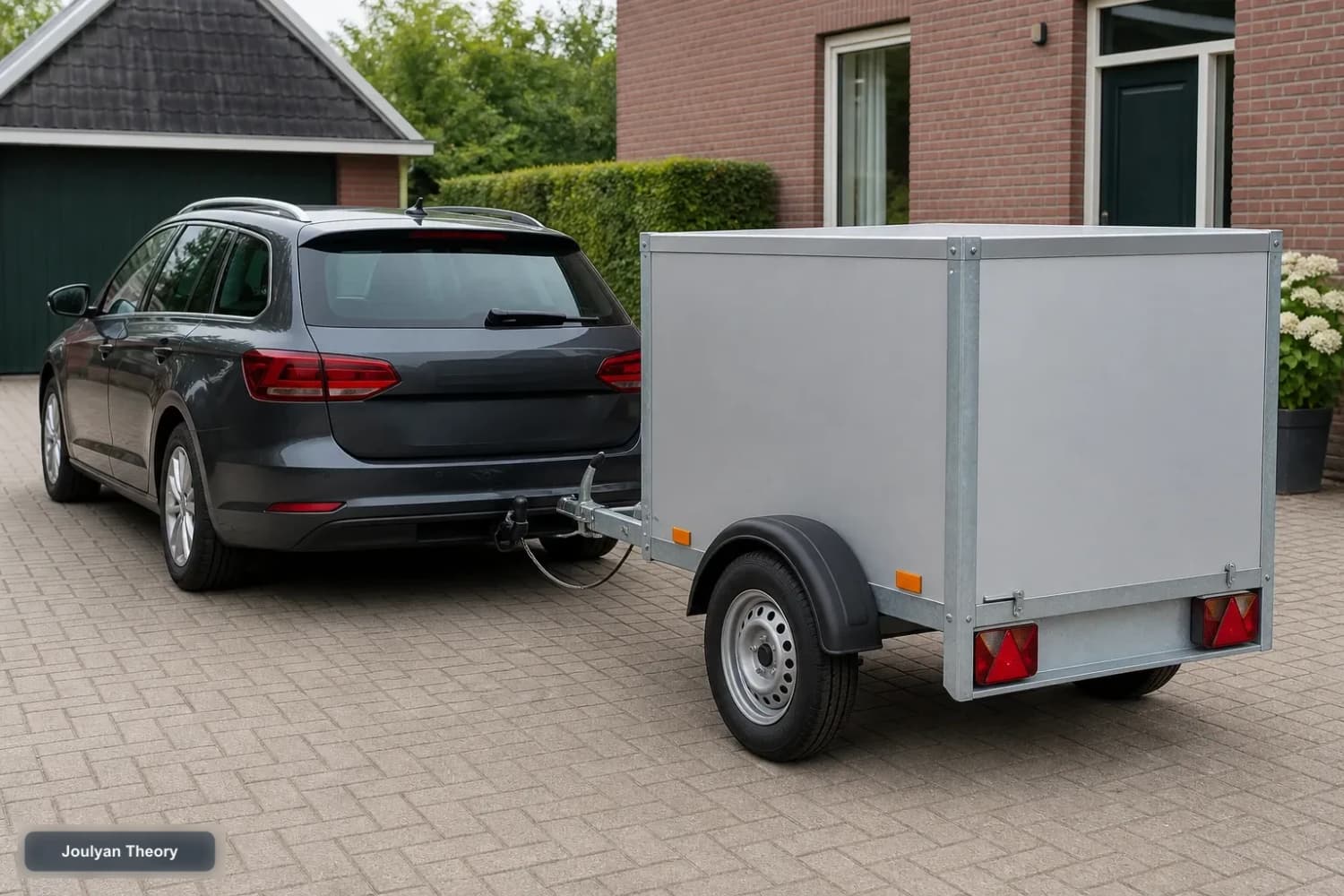 Passenger car with a small single-axle trailer on a Dutch driveway