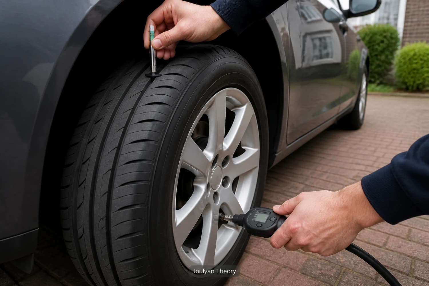 Driver checks a passenger-car tyre’s tread depth and pressure
