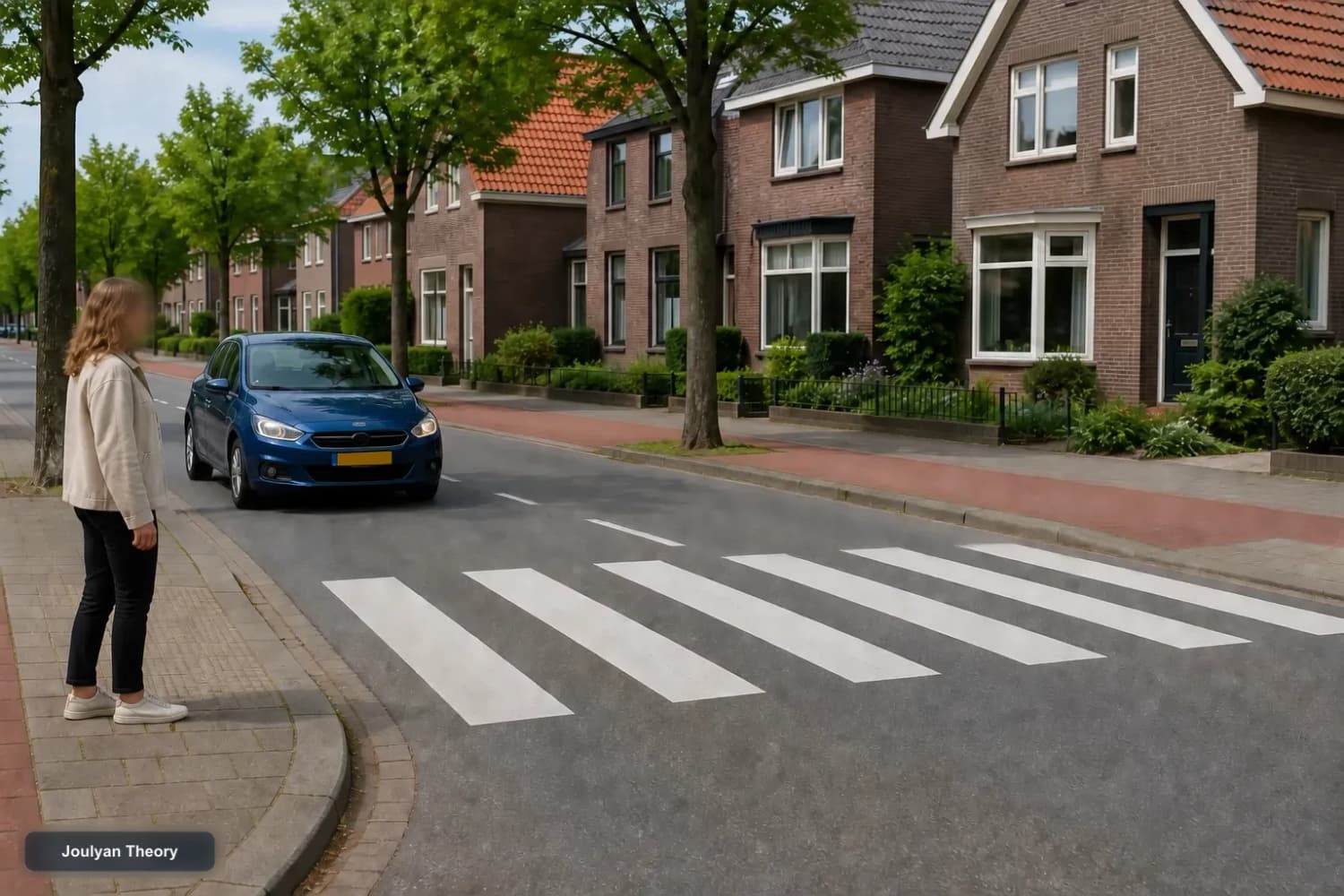 Pedestrian waits at a zebra crossing while a car approaches the crossing