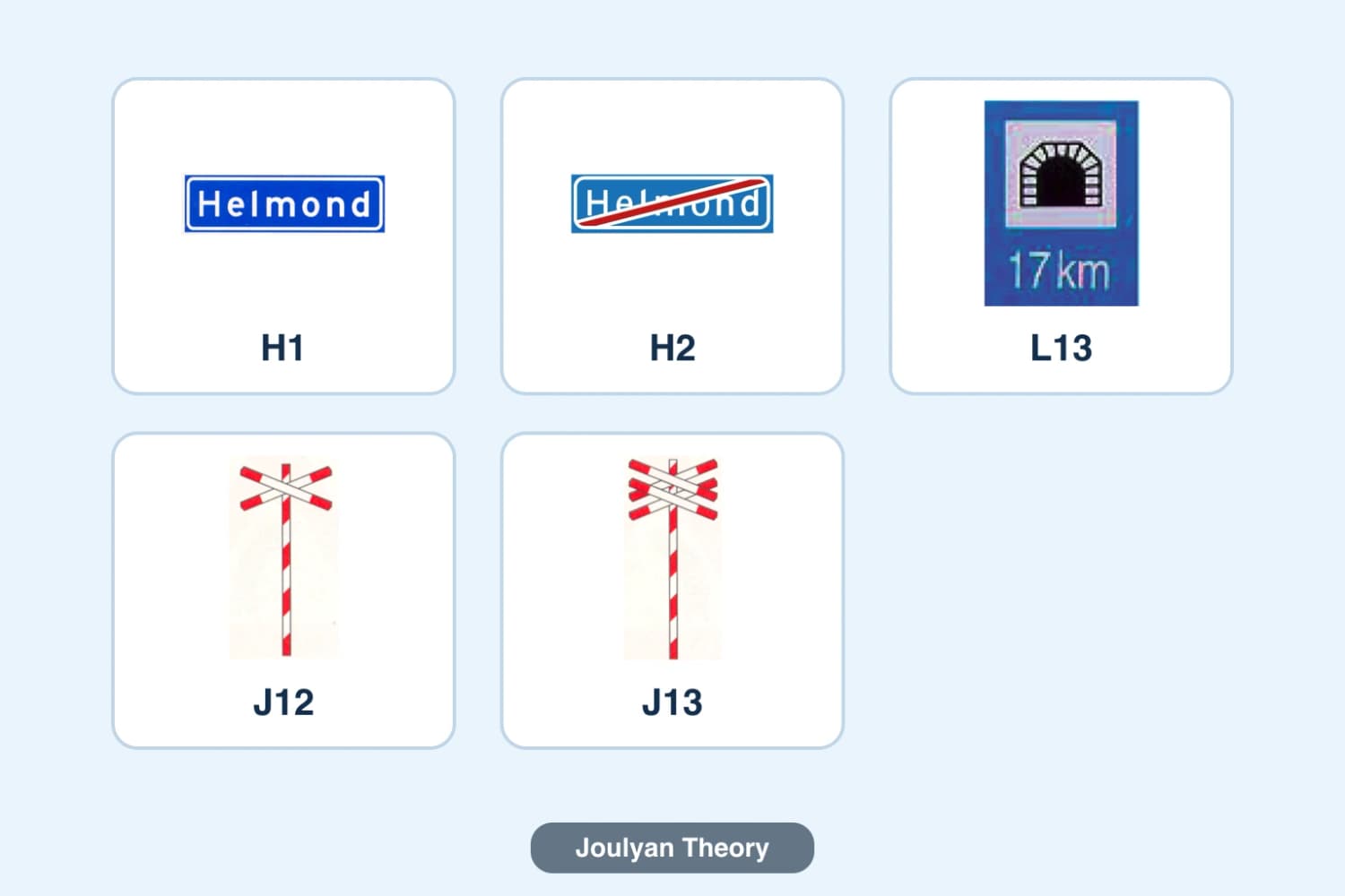 The official H1, H2, L13, J12 and J13 signs with their code below each sign