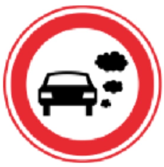 Closed to specified cars, company vehicles, goods vehicles or buses because of emission requirements